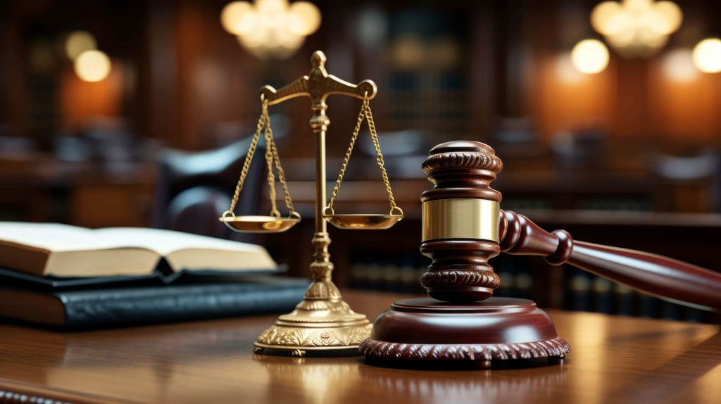 Gavel with scales Close-up shot of the gavel on the judge's desk symbolizing court trials, justice, and legal decisions in the courtroom. The gavel and scales of justice representing law and justice concepts