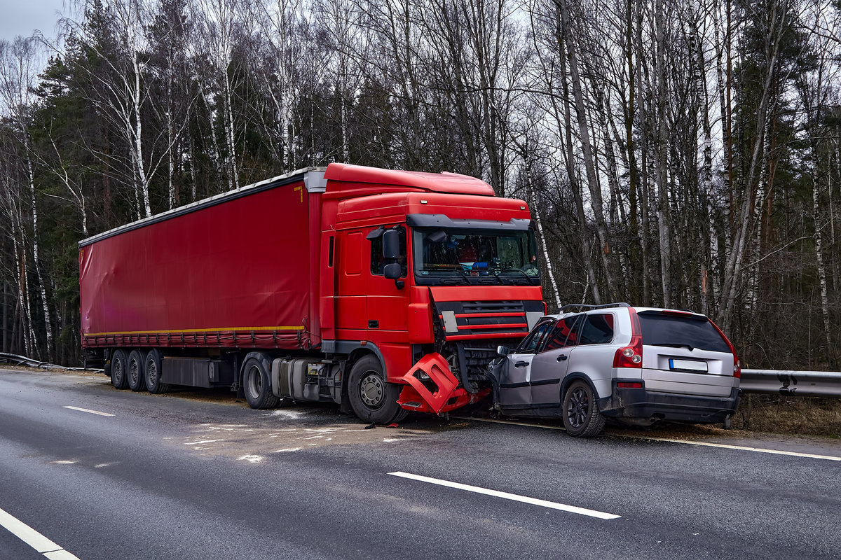 January 24, 2020, Sauriesi, Latvia: car after a collision with a heavy truck, transportation background