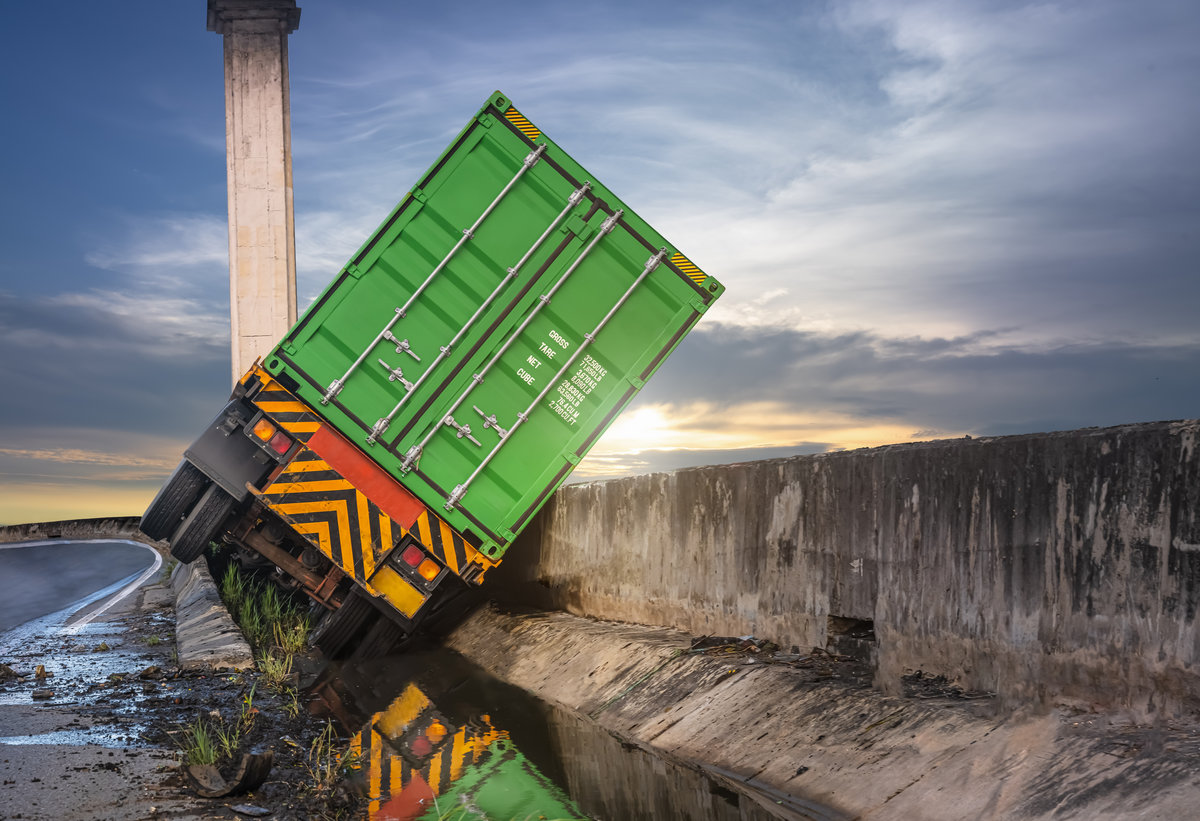 trailer truck clash on accident on the street under transport cargo container delivery to destination, driving at risk and highlevel of insurance