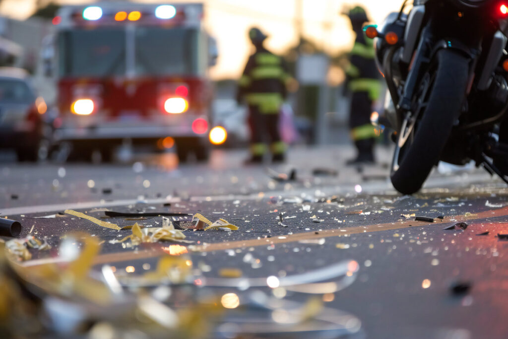 Crash on the road. Close up of a motorcycle accident on the road